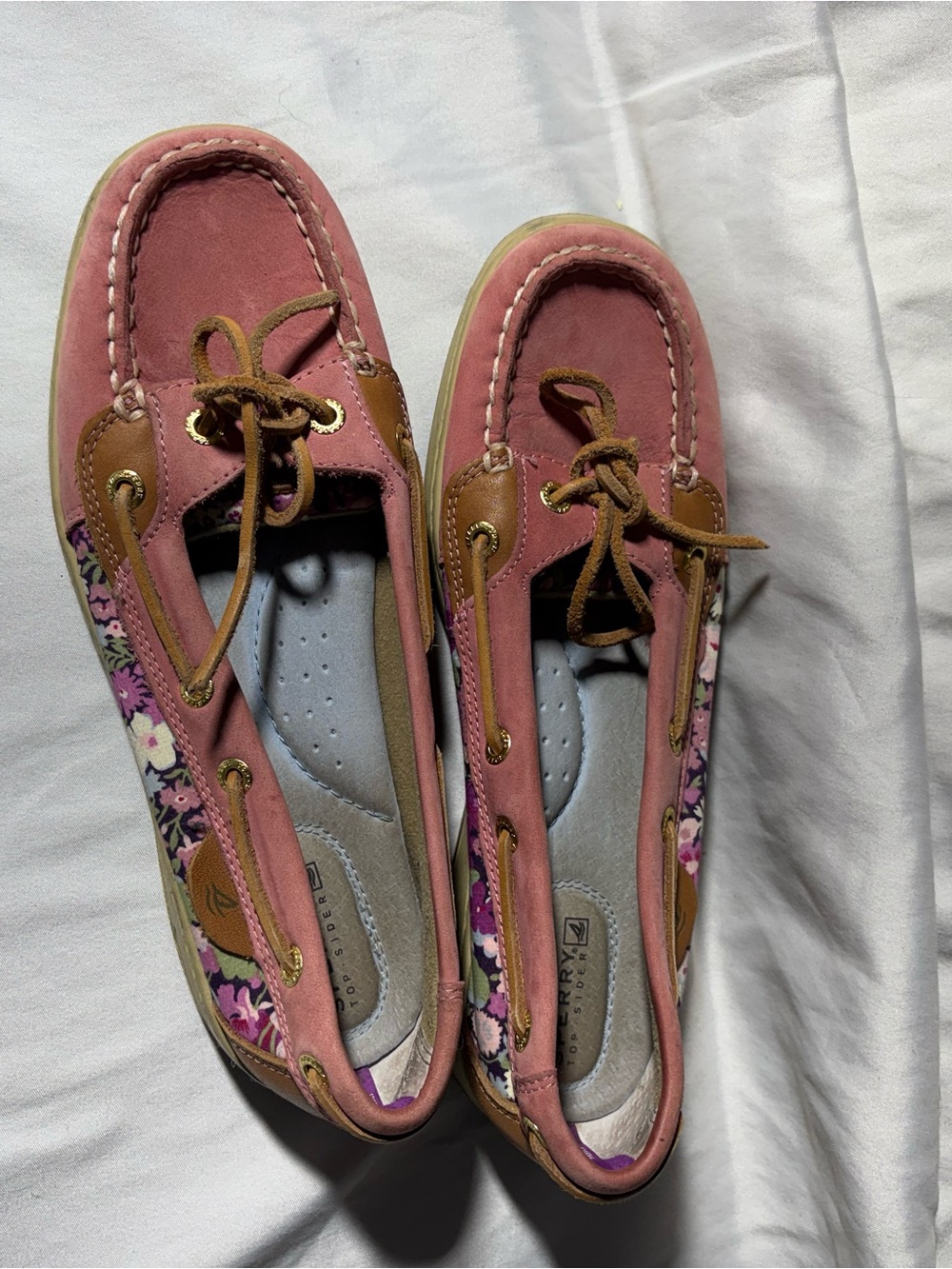 Sperry Pink Floral Leather-Trim Boat Shoes